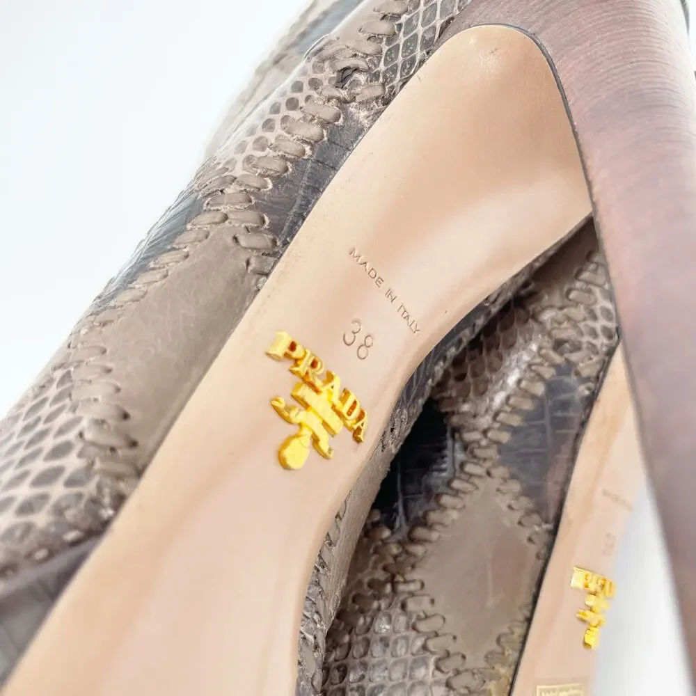 Prada Taupe Brown Mixed Croc Snakeskin Embossed Patchwork Peep Toe Booties IT 38